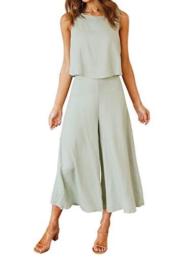 ROYLAMP Women's Summer 2 Piece Outfits Round Neck Crop Basic Top Cropped Wide Leg Pants Set Jumpsuits