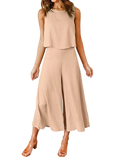 ROYLAMP Women's Summer 2 Piece Outfits Round Neck Crop Basic Top Cropped Wide Leg Pants Set Jumpsuits