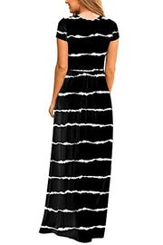 DEARCASE Maxi Dress for Women Black Medium Crewneck Short Sleeves Wedding Guest A-line Casual Party Vintage Spring Summer Beach Long Dresses with Pockets