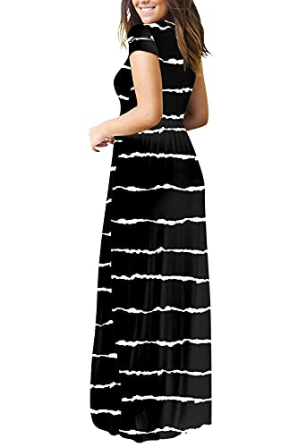 DEARCASE Maxi Dress for Women Black Medium Crewneck Short Sleeves Wedding Guest A-line Casual Party Vintage Spring Summer Beach Long Dresses with Pockets