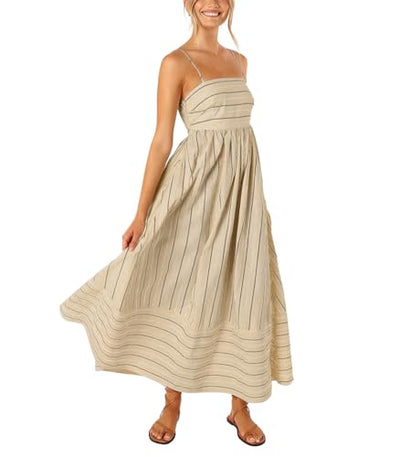 chouyatou Women's Striped Back Smocked Maxi Dress Sexy Spaghetti Strap Cut Out Flowy Swing Long Dress (Small, Apricot)
