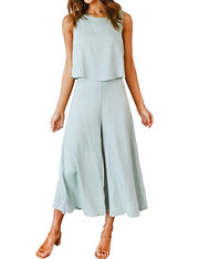 ROYLAMP Women's Summer 2 Piece Outfits Round Neck Crop Basic Top Cropped Wide Leg Pants Set Jumpsuits