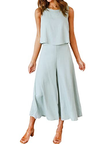 ROYLAMP Women's Summer 2 Piece Outfits Round Neck Crop Basic Top Cropped Wide Leg Pants Set Jumpsuits