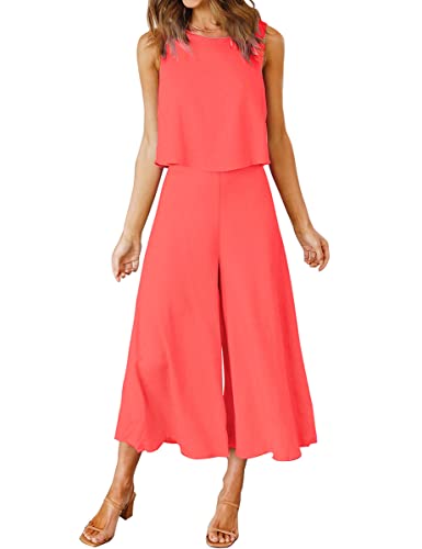 ROYLAMP Women's Summer 2 Piece Outfits Round Neck Crop Basic Top Cropped Wide Leg Pants Set Jumpsuits
