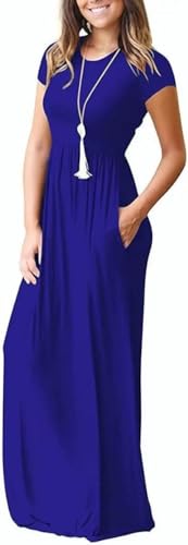DEARCASE Maxi Dress for Women Black Medium Crewneck Short Sleeves Wedding Guest A-line Casual Party Vintage Spring Summer Beach Long Dresses with Pockets