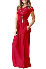 DEARCASE Maxi Dress for Women Black Medium Crewneck Short Sleeves Wedding Guest A-line Casual Party Vintage Spring Summer Beach Long Dresses with Pockets
