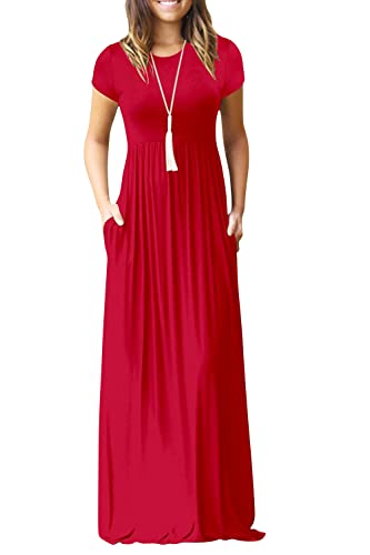 DEARCASE Maxi Dress for Women Black Medium Crewneck Short Sleeves Wedding Guest A-line Casual Party Vintage Spring Summer Beach Long Dresses with Pockets