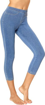 No Nonsense Women's Classic Denim Capri Leggings with Pockets, Comfortable Stretch Pull on Pants