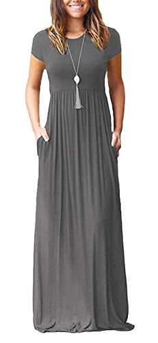 DEARCASE Maxi Dress for Women Black Medium Crewneck Short Sleeves Wedding Guest A-line Casual Party Vintage Spring Summer Beach Long Dresses with Pockets