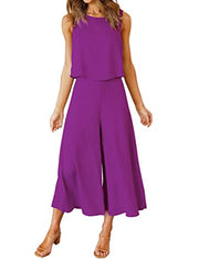 ROYLAMP Women's Summer 2 Piece Outfits Round Neck Crop Basic Top Cropped Wide Leg Pants Set Jumpsuits