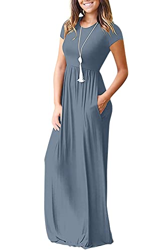 DEARCASE Maxi Dress for Women Black Medium Crewneck Short Sleeves Wedding Guest A-line Casual Party Vintage Spring Summer Beach Long Dresses with Pockets