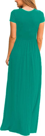 DEARCASE Maxi Dress for Women Black Medium Crewneck Short Sleeves Wedding Guest A-line Casual Party Vintage Spring Summer Beach Long Dresses with Pockets