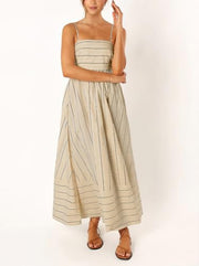 chouyatou Women's Striped Back Smocked Maxi Dress Sexy Spaghetti Strap Cut Out Flowy Swing Long Dress (Small, Apricot)