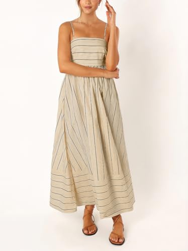 chouyatou Women's Striped Back Smocked Maxi Dress Sexy Spaghetti Strap Cut Out Flowy Swing Long Dress (Small, Apricot)