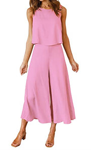 ROYLAMP Women's Summer 2 Piece Outfits Round Neck Crop Basic Top Cropped Wide Leg Pants Set Jumpsuits