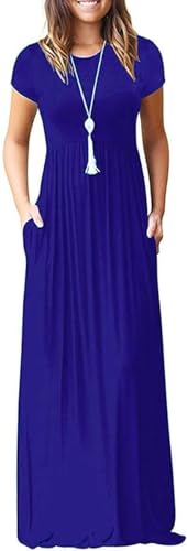 DEARCASE Maxi Dress for Women Black Medium Crewneck Short Sleeves Wedding Guest A-line Casual Party Vintage Spring Summer Beach Long Dresses with Pockets