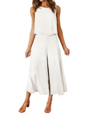 ROYLAMP Women's Summer 2 Piece Outfits Round Neck Crop Basic Top Cropped Wide Leg Pants Set Jumpsuits