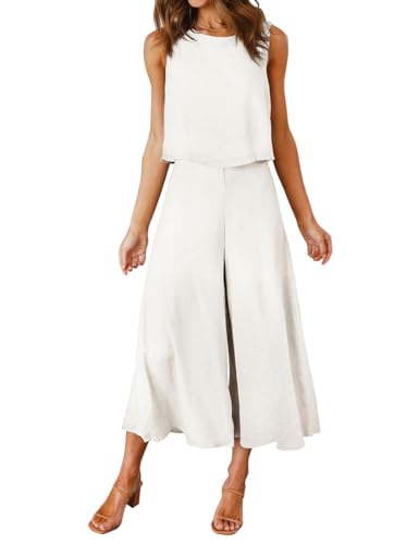ROYLAMP Women's Summer 2 Piece Outfits Round Neck Crop Basic Top Cropped Wide Leg Pants Set Jumpsuits