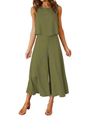 ROYLAMP Women's Summer 2 Piece Outfits Round Neck Crop Basic Top Cropped Wide Leg Pants Set Jumpsuits
