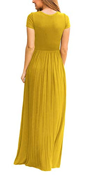 DEARCASE Maxi Dress for Women Black Medium Crewneck Short Sleeves Wedding Guest A-line Casual Party Vintage Spring Summer Beach Long Dresses with Pockets