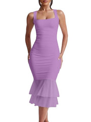 Kaximil Women's Sexy Bodycon Ruched Square Neck Midi Dresses Elegant Sleeveless Ruffle Cocktail Party Dress