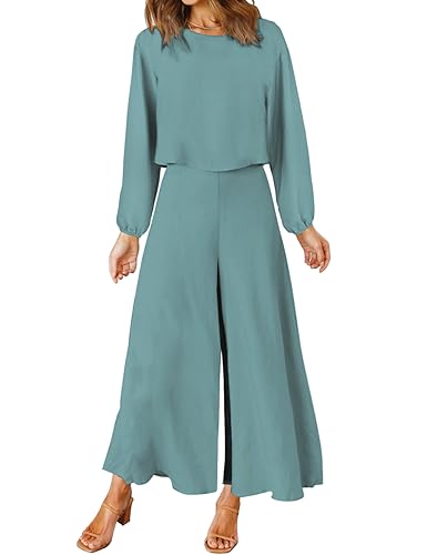ROYLAMP Women's Summer 2 Piece Outfits Round Neck Crop Basic Top Cropped Wide Leg Pants Set Jumpsuits