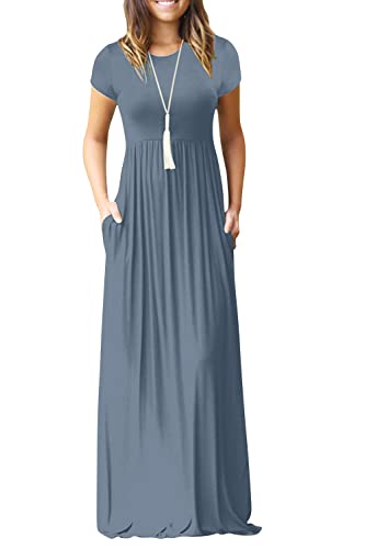DEARCASE Maxi Dress for Women Black Medium Crewneck Short Sleeves Wedding Guest A-line Casual Party Vintage Spring Summer Beach Long Dresses with Pockets