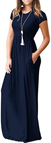 DEARCASE Maxi Dress for Women Black Medium Crewneck Short Sleeves Wedding Guest A-line Casual Party Vintage Spring Summer Beach Long Dresses with Pockets