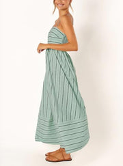chouyatou Women's Striped Back Smocked Maxi Dress Sexy Spaghetti Strap Cut Out Flowy Swing Long Dress (Small, Apricot)