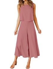 ROYLAMP Women's Summer 2 Piece Outfits Round Neck Crop Basic Top Cropped Wide Leg Pants Set Jumpsuits