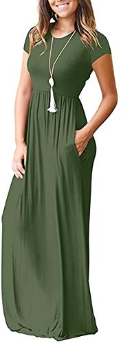 DEARCASE Maxi Dress for Women Black Medium Crewneck Short Sleeves Wedding Guest A-line Casual Party Vintage Spring Summer Beach Long Dresses with Pockets
