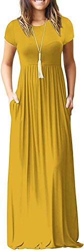DEARCASE Maxi Dress for Women Black Medium Crewneck Short Sleeves Wedding Guest A-line Casual Party Vintage Spring Summer Beach Long Dresses with Pockets