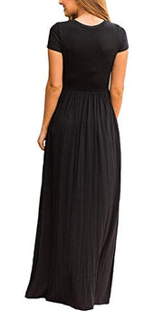 DEARCASE Maxi Dress for Women Black Medium Crewneck Short Sleeves Wedding Guest A-line Casual Party Vintage Spring Summer Beach Long Dresses with Pockets