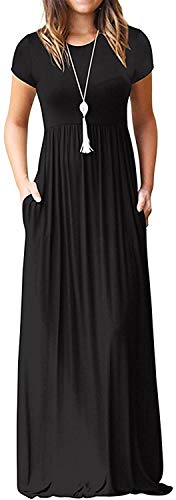 DEARCASE Maxi Dress for Women Black Medium Crewneck Short Sleeves Wedding Guest A-line Casual Party Vintage Spring Summer Beach Long Dresses with Pockets