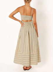 chouyatou Women's Striped Back Smocked Maxi Dress Sexy Spaghetti Strap Cut Out Flowy Swing Long Dress (Small, Apricot)