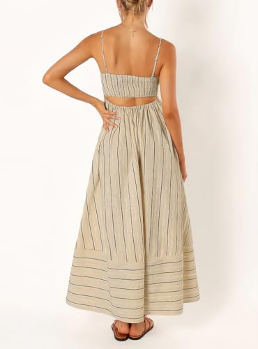 chouyatou Women's Striped Back Smocked Maxi Dress Sexy Spaghetti Strap Cut Out Flowy Swing Long Dress (Small, Apricot)
