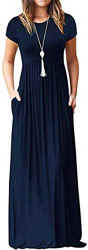 DEARCASE Maxi Dress for Women Black Medium Crewneck Short Sleeves Wedding Guest A-line Casual Party Vintage Spring Summer Beach Long Dresses with Pockets