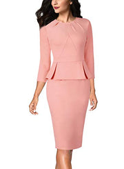 VFSHOW Womens Pleated Crew Neck Peplum Work Business Office Bodycon Pencil Sheath Dress