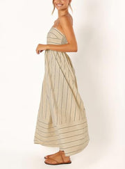 chouyatou Women's Striped Back Smocked Maxi Dress Sexy Spaghetti Strap Cut Out Flowy Swing Long Dress (Small, Apricot)