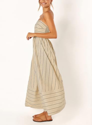chouyatou Women's Striped Back Smocked Maxi Dress Sexy Spaghetti Strap Cut Out Flowy Swing Long Dress (Small, Apricot)