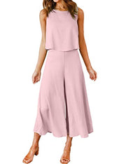 ROYLAMP Women's Summer 2 Piece Outfits Round Neck Crop Basic Top Cropped Wide Leg Pants Set Jumpsuits