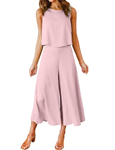 ROYLAMP Women's Summer 2 Piece Outfits Round Neck Crop Basic Top Cropped Wide Leg Pants Set Jumpsuits