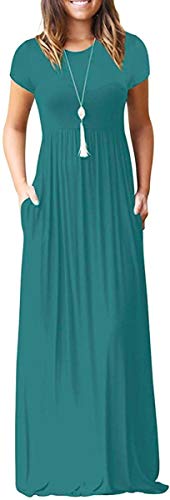 DEARCASE Maxi Dress for Women Black Medium Crewneck Short Sleeves Wedding Guest A-line Casual Party Vintage Spring Summer Beach Long Dresses with Pockets