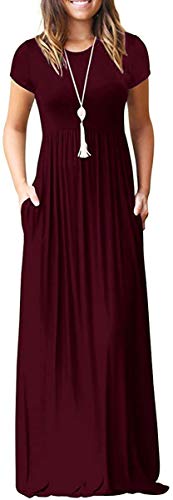 DEARCASE Maxi Dress for Women Black Medium Crewneck Short Sleeves Wedding Guest A-line Casual Party Vintage Spring Summer Beach Long Dresses with Pockets