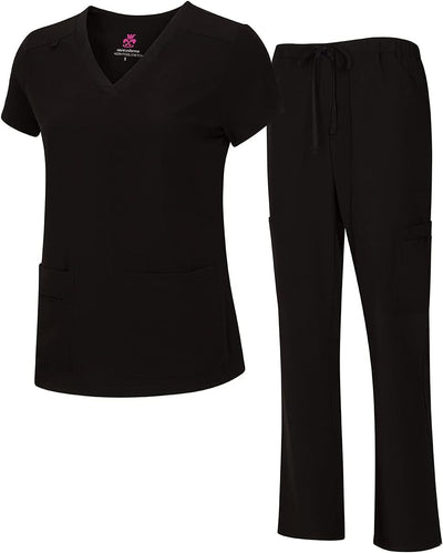 Natural Uniforms Women's Cool Stretch V-Neck Top and Cargo Pant Scrub Set with Regular and Petite Sizes