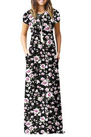 DEARCASE Maxi Dress for Women Black Medium Crewneck Short Sleeves Wedding Guest A-line Casual Party Vintage Spring Summer Beach Long Dresses with Pockets