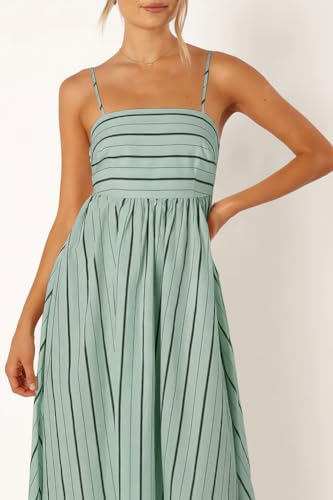 chouyatou Women's Striped Back Smocked Maxi Dress Sexy Spaghetti Strap Cut Out Flowy Swing Long Dress (Small, Apricot)
