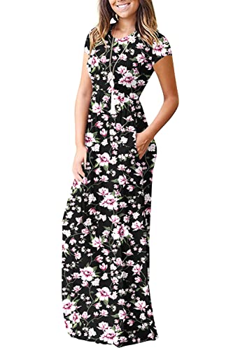 DEARCASE Maxi Dress for Women Black Medium Crewneck Short Sleeves Wedding Guest A-line Casual Party Vintage Spring Summer Beach Long Dresses with Pockets