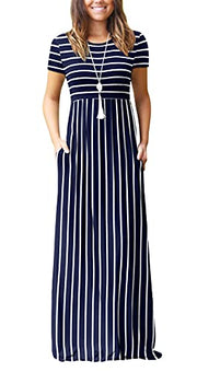 DEARCASE Maxi Dress for Women Black Medium Crewneck Short Sleeves Wedding Guest A-line Casual Party Vintage Spring Summer Beach Long Dresses with Pockets