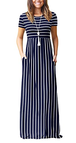 DEARCASE Maxi Dress for Women Black Medium Crewneck Short Sleeves Wedding Guest A-line Casual Party Vintage Spring Summer Beach Long Dresses with Pockets